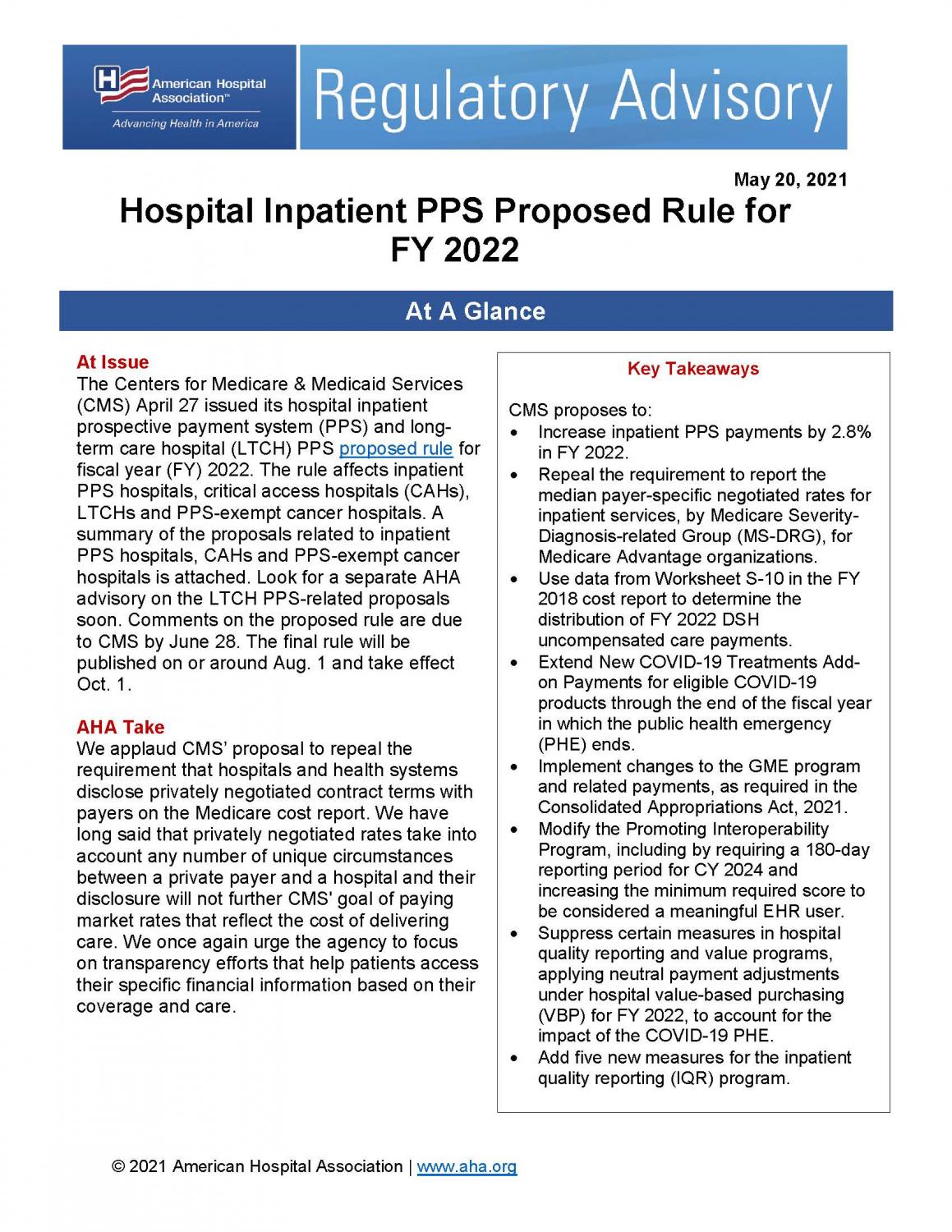 Regulatory Advisory: Hospital Inpatient PPS Proposed Rule for FY 2022 page 1. May 20, 2021.