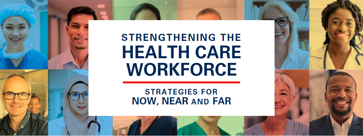 Strengthening the Health Care Workforce: Strategies for Now, Near and Far cover copy over tiled images of diverse health care workers