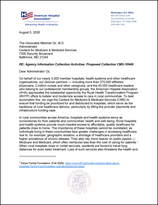 AHA Comments on Rural Health Transformation Program