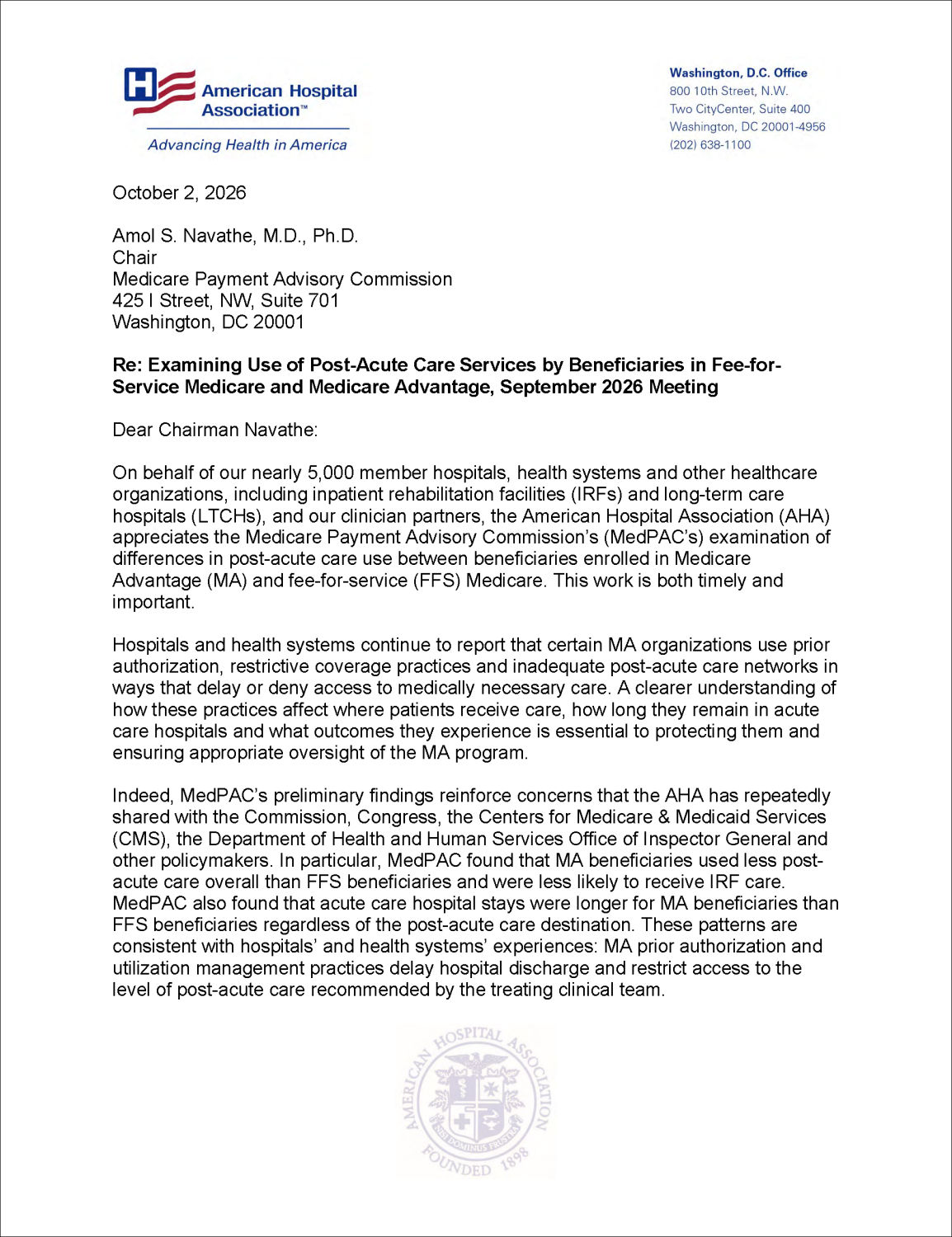 AHA Comments to MedPAC on MA Beneficiaries' Post-acute Care Service Utilization Cover Page