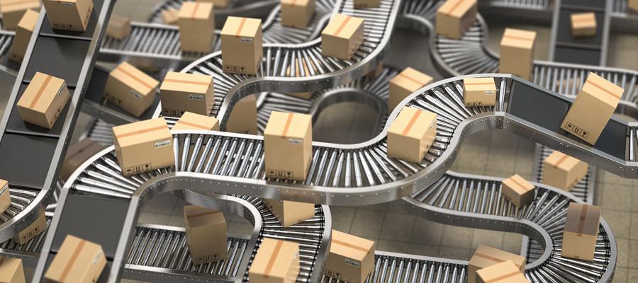 Packages on assembly line